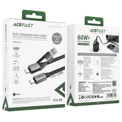 Καλώδιο Σύνδεσης Acefast C13-05 USB-C / USB-A σε USB-C PD60W 3A Fast Charge USB2.0 Braided Μαύρο 0.2m.