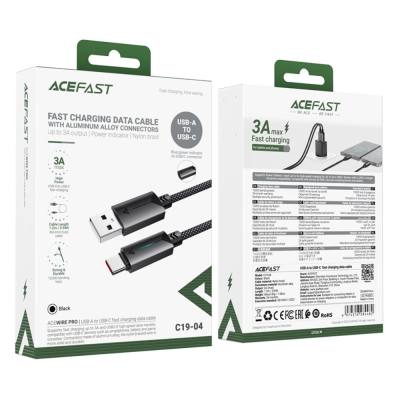 Καλώδιο Acefast C19-04 Μεταλλικό USB-A σε USB-C 3.0A Γρήγορη Φόρτιση USB2.0 με Ένδειξη Φόρτισης Braided Μαύρο 1.2m