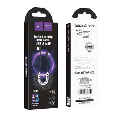 Καλώδιο σύνδεσης Hoco DU40 Guard USB σε Lightning 2.4A Spring Cable Braided Μαύρο 0.45-1m