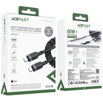 Καλώδιο Σύνδεσης Acefast C14-03 USB-C σε USB-C PD60W 3A Fast Charge USB2.0 Spring Braided Μαύρο 1.2m.