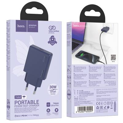 Φορτιστής Ταξιδίου Hoco N44 Biscuit Ultra Thin USB-C PD30W QC3.0A Fast Charge GaN Tech Titanium Blue