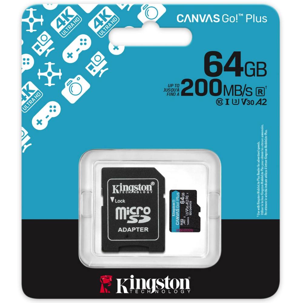 Κάρτα Μνήμης Kingston CanvasGo+ MicroSDXC 64GB Class 10 με SD Αντάπτορα εως 200Mb/s SDCG4/64GB
