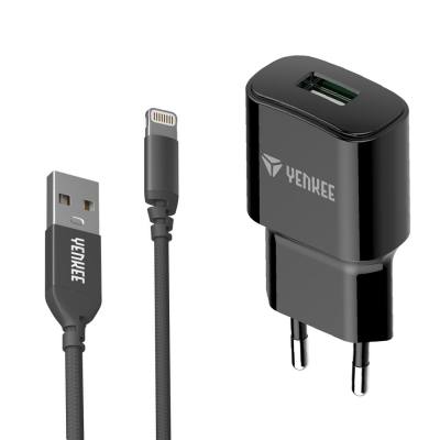 Φορτιστής Ταξιδίου Yenkee YAC 4600 12W USB-A 5V/2.4 A με Καλώδιο USB-A σε Lightning Apple Certified MFi Braided Μαύρο 1m