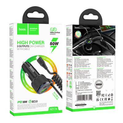 Φορτιστής Αυτοκινήτου Hoco NZ17A Avant-garde 1xUSB-A και 2xUSB-C 50W PD+QC με Καλώδιο Type-C Black