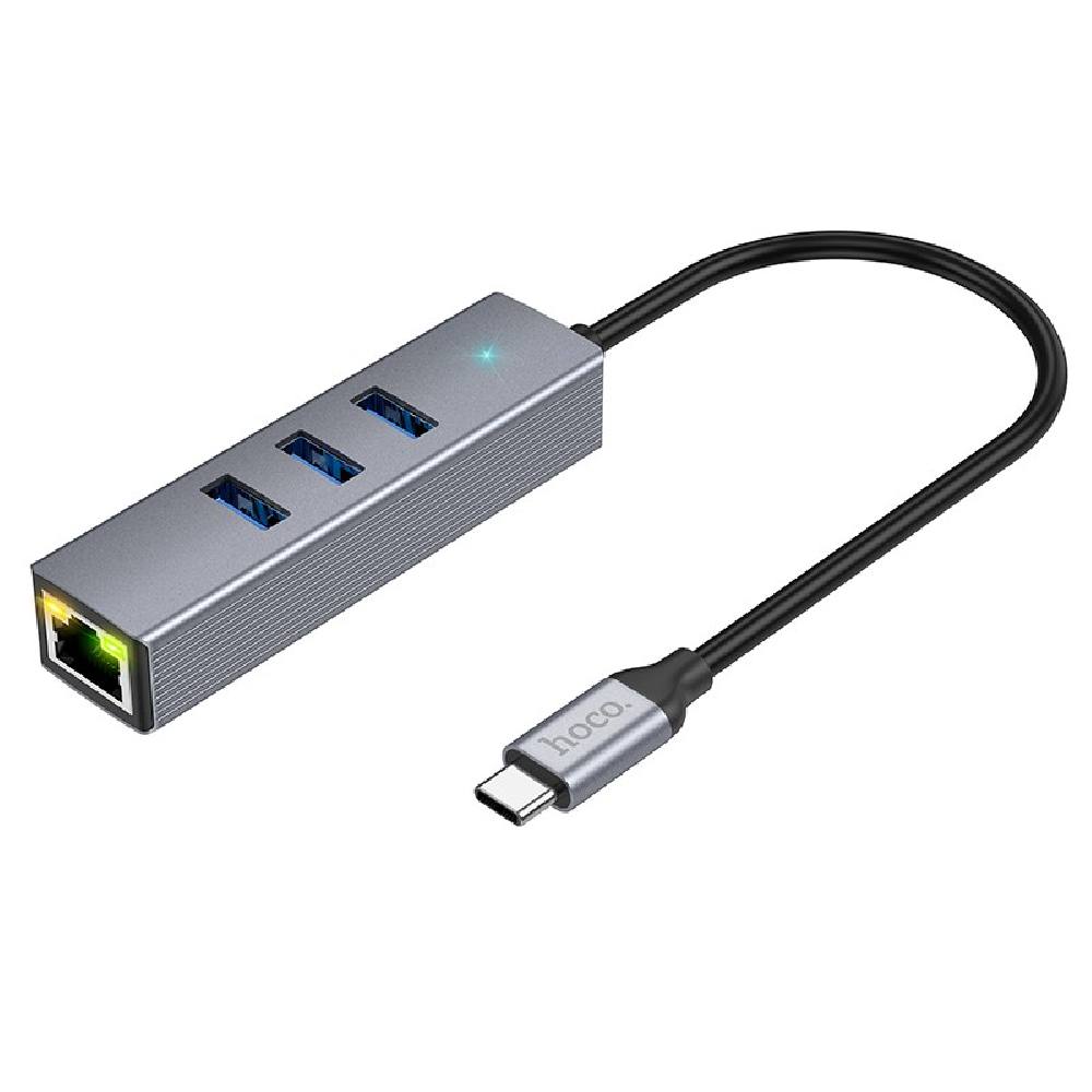 Αντάπτορας Hoco HB34 USB-C σε 3 x  USB 3.0 και RJ45  με Λειτουργία Μεταφοράς Δεδομένων 1000Mbps Γκρι