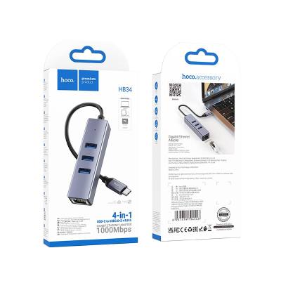 Αντάπτορας Hoco HB34 USB-C σε 3 x  USB 3.0 και RJ45  με Λειτουργία Μεταφοράς Δεδομένων 1000Mbps Γκρι