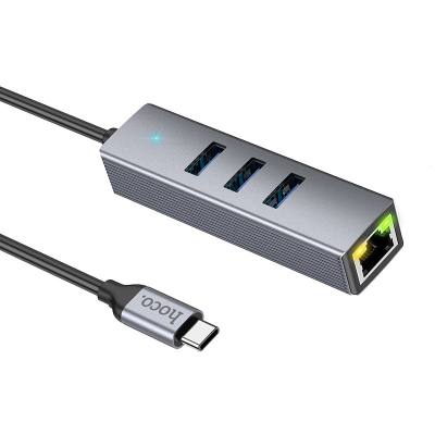 Αντάπτορας Hoco HB34 USB-C σε 3 x  USB 3.0 και RJ45  με Λειτουργία Μεταφοράς Δεδομένων 1000Mbps Γκρι