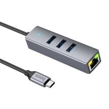 Αντάπτορας Hoco HB34 USB-C σε 3 x  USB 3.0 και RJ45  με Λειτουργία Μεταφοράς Δεδομένων 1000Mbps Γκρι