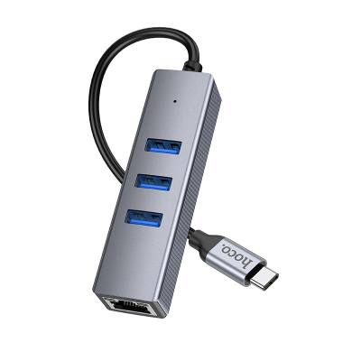 Αντάπτορας Hoco HB34 USB-C σε 3 x  USB 3.0 και RJ45  με Λειτουργία Μεταφοράς Δεδομένων 1000Mbps Γκρι