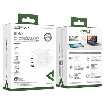 Φορτιστής Ταξιδίου Acefast A44 Fast Charging 2xUSB-C PD65W USB-A GaN Λευκός με UK Plug