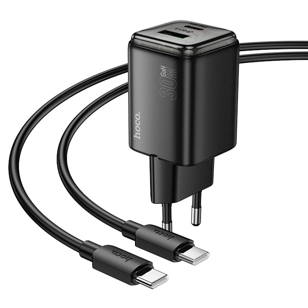 Φορτιστής Ταξιδίου Small Size Hoco N53 Monsoon PD30W QC3.0A GaN με 1xUSB-C και 1xUSB-A + Καλώδιο Φόρτισης Type-C σε Type-C 1m Μα