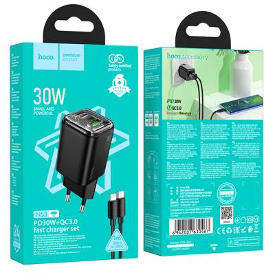 Φορτιστής Ταξιδίου Small Size Hoco N53 Monsoon PD30W QC3.0A GaN με 1xUSB-C και 1xUSB-A + Καλώδιο Φόρτισης Type-C σε Type-C 1m Μα