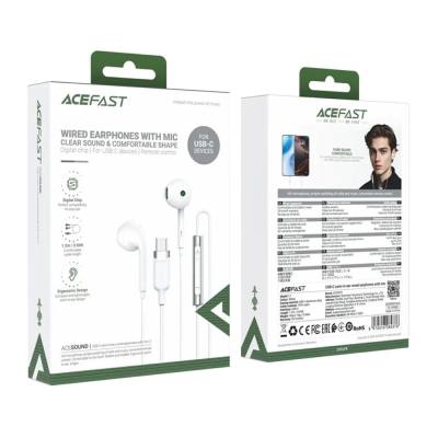 Hands Free Acefast L7 Earphones Stereo USB-C με Μικρόφωνο Braided Λευκό 1.2m. Συμβατά με Όλες τις Συσκευές USB-C.
