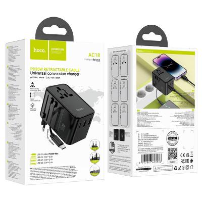Φορτιστής Ταξιδίου Hoco AC18 Universal Converter US EU AU UK με 2xUSB 1xUSB-C και Ενσωματομένο Καλώδιο USB-C PD35W QC3.0 Μαύρο