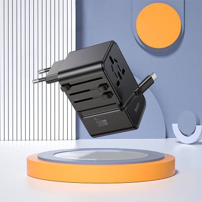 Φορτιστής Ταξιδίου Hoco AC18 Universal Converter US EU AU UK με 2xUSB 1xUSB-C και Ενσωματομένο Καλώδιο USB-C PD35W QC3.0 Μαύρο