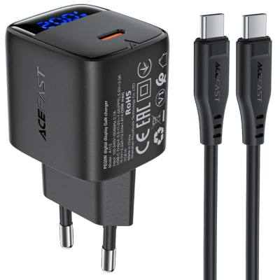 Φορτιστής Ταξιδίου Acefast A113 Fast Charging USB-C PD20W GaN με Digital Ένδειξη Φόρτισης + Καλώδιο USB-C σε USB-C Μαύρος