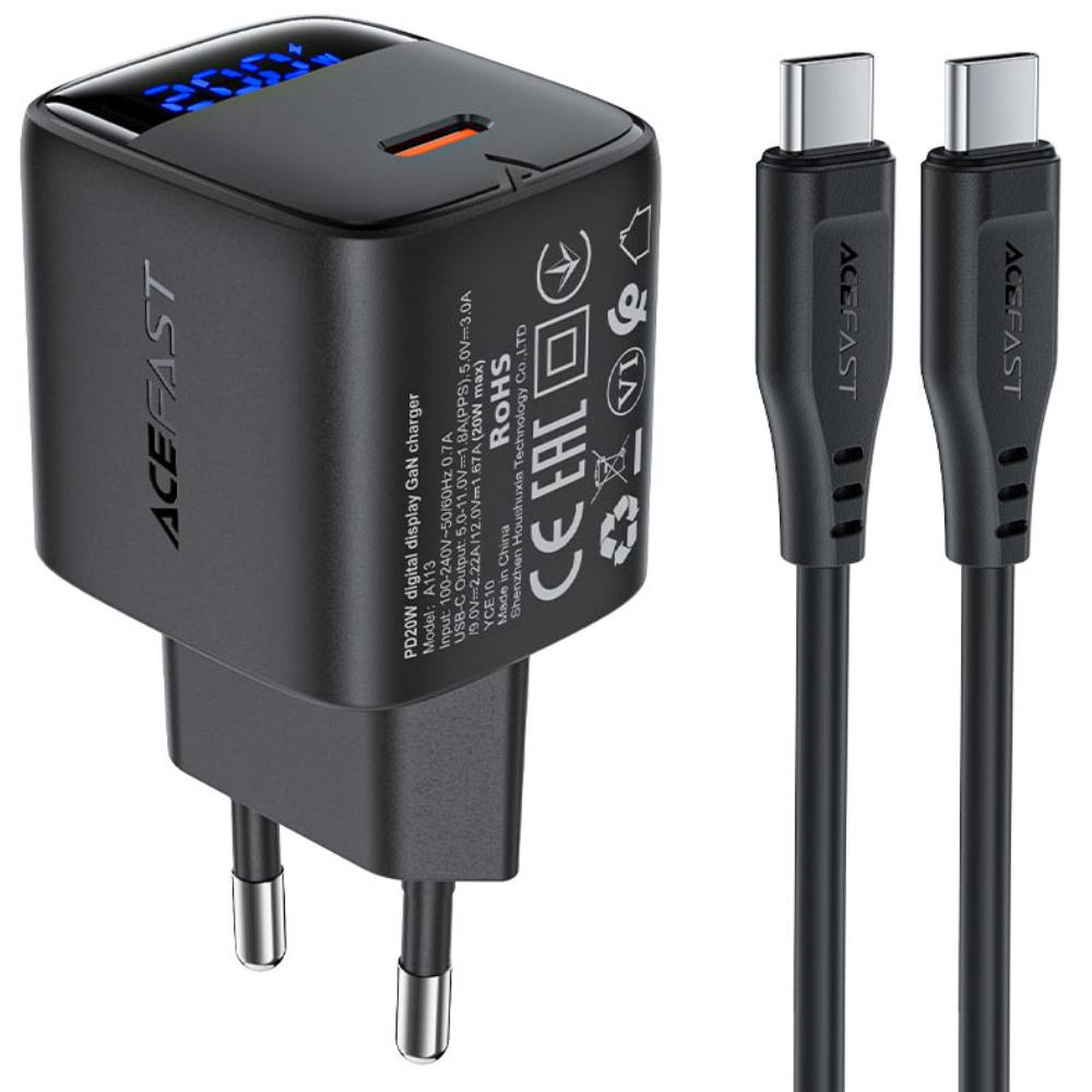 Φορτιστής Ταξιδίου Acefast A113 Fast Charging USB-C PD20W GaN με Digital Ένδειξη Φόρτισης + Καλώδιο USB-C σε USB-C Μαύρος