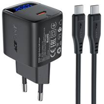 Φορτιστής Ταξιδίου Acefast A113 Fast Charging USB-C PD20W GaN με Digital Ένδειξη Φόρτισης + Καλώδιο USB-C σε USB-C Μαύρος