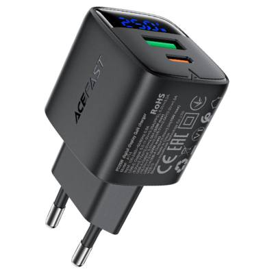 Φορτιστής Ταξιδίου Acefast A114 Fast Charging 1xUSB-A + 1xUSB-C PD25W QC3.0 GaN με LED Ένδειξη Μαύρος