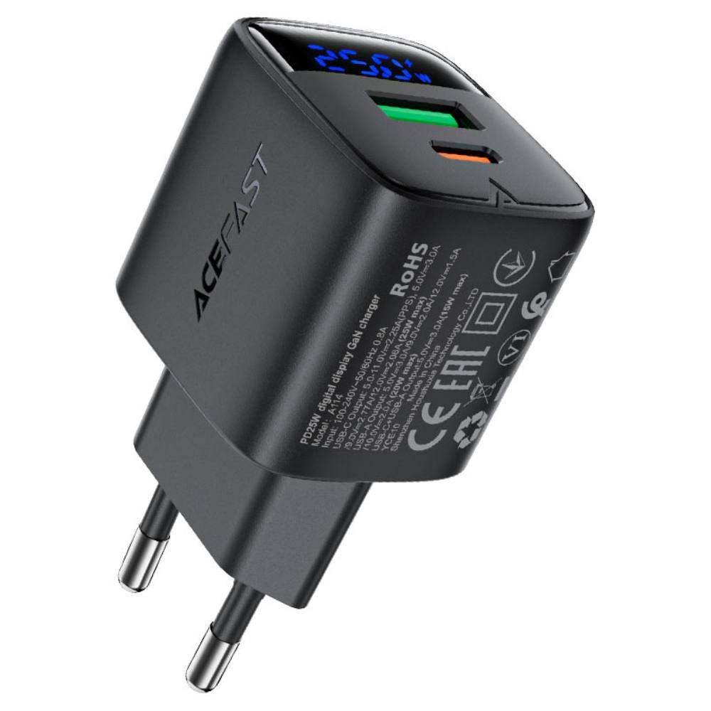 Φορτιστής Ταξιδίου Acefast A114 Fast Charging 1xUSB-A + 1xUSB-C PD25W QC3.0 GaN με LED Ένδειξη Μαύρος