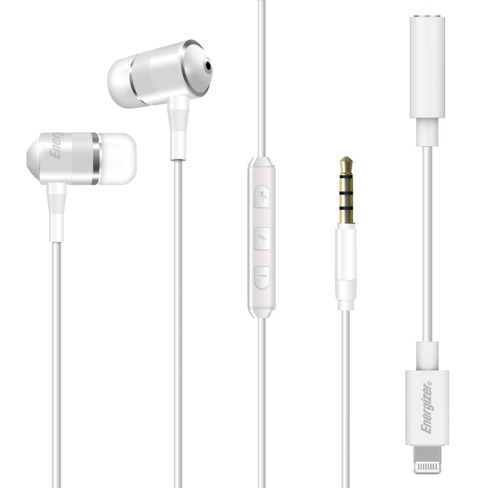 Hands Free Energizer UIL35WH2 Metal Stereo 3.5 mm  με Αντάπτορα Lightning Apple Certified MFi σε 3.5 mm και Πλήκτρα Λειτουργίας 