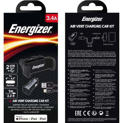 Βάση Στήριξης και Φορτιστής Αυτοκινήτου Energizer 3.4A με Καλώδιο Lightning Apple Certified MFi Μαύρο 1m