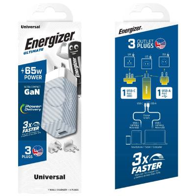 Φορτιστής Ταξιδίου Energizer A65MU PD65W Γρήγορης Φόρτισης 1 x USB-C 1 x USB-A   EU / UK / US Ασημί GaN Tech