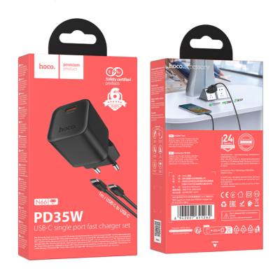 Φορτιστής Ταξιδίου Hoco N66 Ingenious GaN με 1 Εξόδο Φόρτισης USB-C PD35W 5V 3.0A + Καλώδιο Φόρτισης USB-C σε USB-C 1m Μαύρος