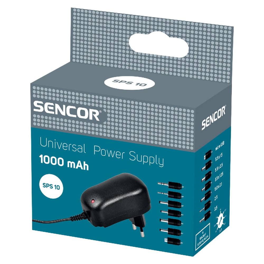 Universal Φορτιστής Sencor SPS 10 1000mAh  με αποσπόμενα βύσματα micro USB, 5.5 x 1.5, 5.5 x 2.5, 3.5 x 1.35, 5.0 x 2.1, 2.5mm, 