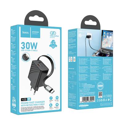 Φορτιστής Ταξιδίου Hoco N58  PD30W GaN με 1χUSB-C Θύρα και Αναδιπλούμενο Καλώδιο 65cm Μαύρος