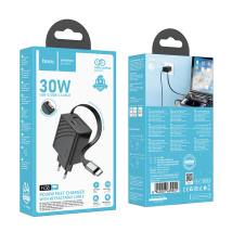 Φορτιστής Ταξιδίου Hoco N58  PD30W GaN με 1χUSB-C Θύρα και Αναδιπλούμενο Καλώδιο 65cm Μαύρος