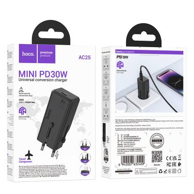 Φορτιστής Ταξιδίου Hoco AC25 Universal Converter US/EU/AU/ UK USB-C PD30W GaN Μαύρος