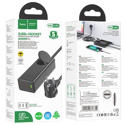 Επιτραπέζιος Φορτιστής Hoco NS4 Sharp με Προέκταση Πρίζας και 3 Εξόδους Φόρτισης 2xUSB-C 65W και 1xUSB-A 30W Μαύρος