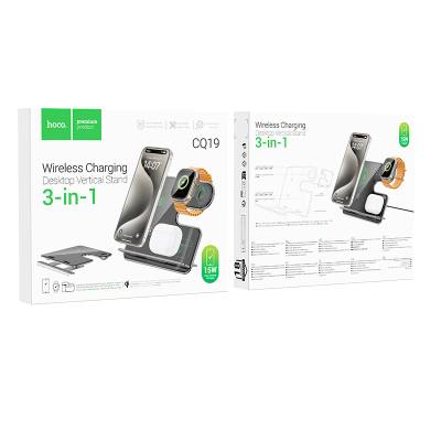 Επιτραπέζια Βάση Ασύρματης Φόρτισης Hoco CQ19 Falcon 3-σε-1 15W Κάθετη Φόρτιση 3 Συσκευών Μαύρη