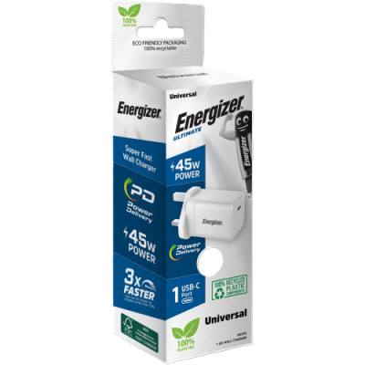 Φορτιστής Ταξιδίου Energizer Fast Charge με USB-C PD45W Λευκός με UK Plug