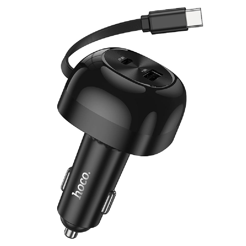 Φορτιστής Αυτοκινήτου Hoco NZ15 Unimpeded PD60W με 1x USB-C και 1x USB-A με Αναδιπλούμενο USB-C Καλώδιο 75cm Μαύρος