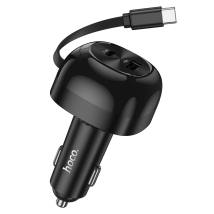Φορτιστής Αυτοκινήτου Hoco NZ15 Unimpeded PD60W με 1x USB-C και 1x USB-A με Αναδιπλούμενο USB-C Καλώδιο 75cm Μαύρος