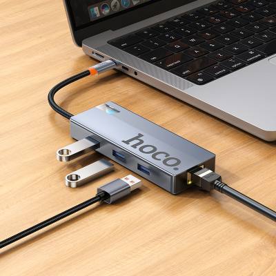 USB Hub Hoco HB51 Wow 6-in-1 USB-C σε HDTV+RJ45+PD+ 3 x USB 3.0 Γκρι 18cm