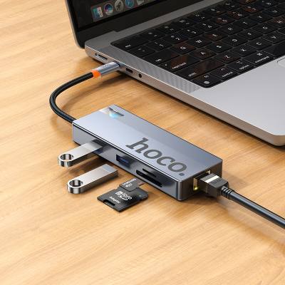 Hub USB-C Hoco HB52 Wow 8-in-1 με HDTV + RJ45 + SD/TF+ PD + Type-C 3.0 + 2x USB 3.0 Γκρι 18cm