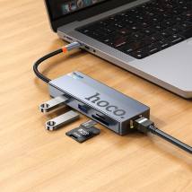 Hub USB-C Hoco HB52 Wow 8-in-1 με HDTV + RJ45 + SD/TF+ PD + Type-C 3.0 + 2x USB 3.0 Γκρι 18cm