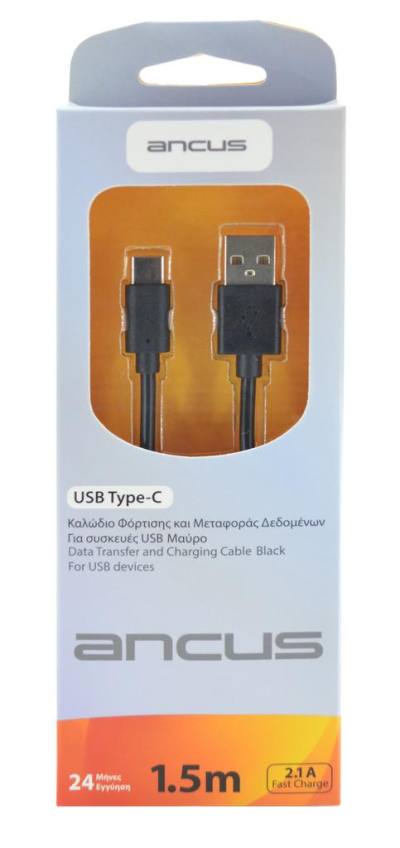 Καλώδιο σύνδεσης Ancus USB-C 2,1Α Μαύρο 1.5m