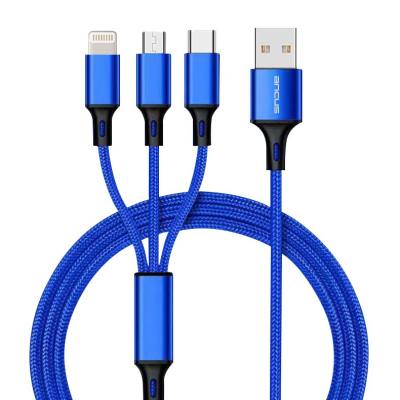 Καλώδιο Φόρτισης Ancus Flow Plus E54 USB 3 σε 1 Micro-USB, USB-C, Lightning 2.0A με  Braided Καλώδιο Μπλε 1m. Με 5 Χρονια Εγγύησ