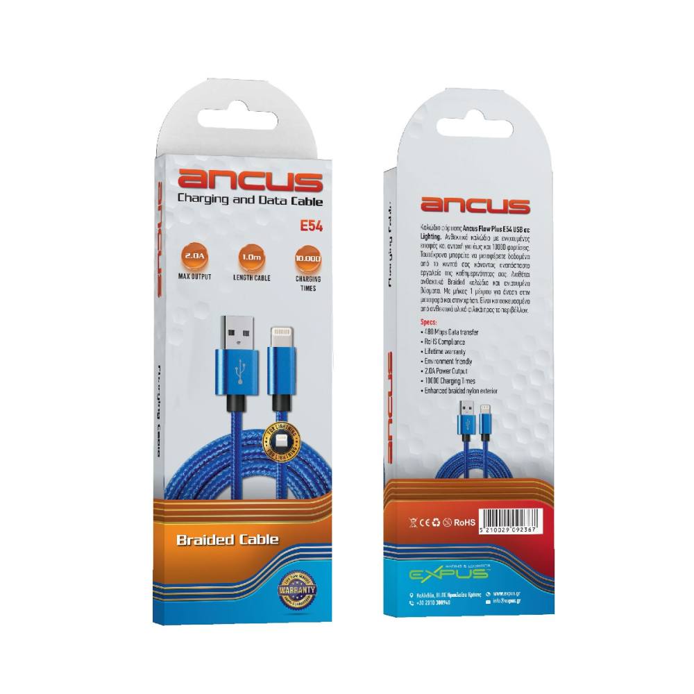 Καλώδιο Σύνδεσης και Φόρτισης Ancus Flow Plus E54 USB σε Lighting 2.0A με Braided Καλώδιο Μπλε 1m Με 5 Χρονια Εγγύηση