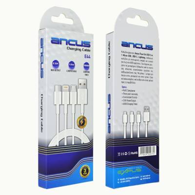 Καλώδιο Σύνδεσης και Φόρτισης Ancus Flow E44 USB 3 σε 1 Micro-USB, USB-C, Lightning 3.0A Λευκό 1m