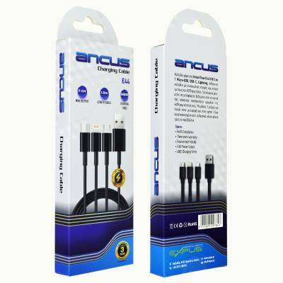Καλώδιο Σύνδεσης και Φόρτισης Ancus Flow E44 USB 3 σε 1 Micro-USB, USB-C, Lightning 3.0A Μαύρο 1m