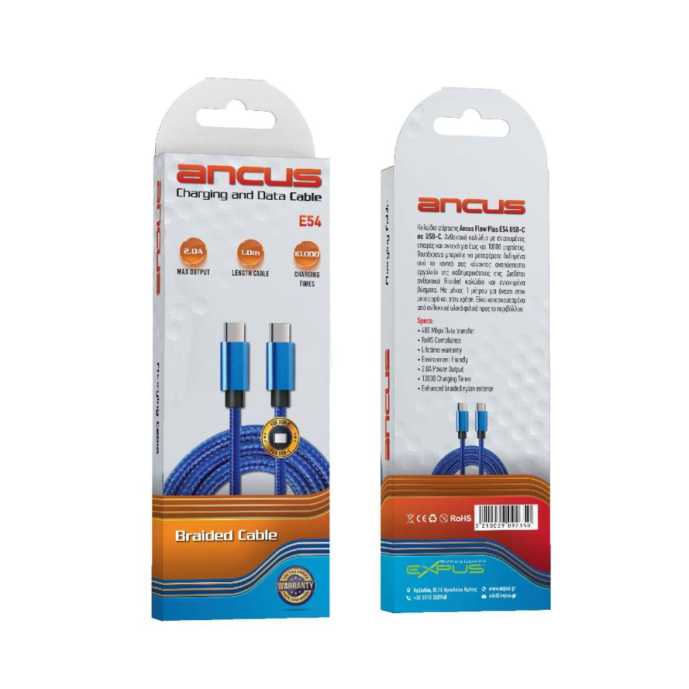 Καλώδιο Σύνδεσης και Φόρτισης Ancus Flow Plus E54 USB-C σε USB-C 2.0A με Braided Καλώδιο Μπλε 1m Με 5 Χρονια Εγγύηση