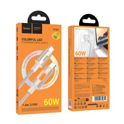 Καλώδιο Hoco U144 USB-C σε USB-C 60W Fast Charging 3A με Φωτισμό Braided Χρυσό 1.2m
