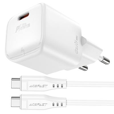 Φορτιστής Ταξιδίου Acefast A73 Mini Fast Charging 1xUSB-C PD20W QC3.0 GaN Λευκός + Καλώδιο USB-C σε USB-C