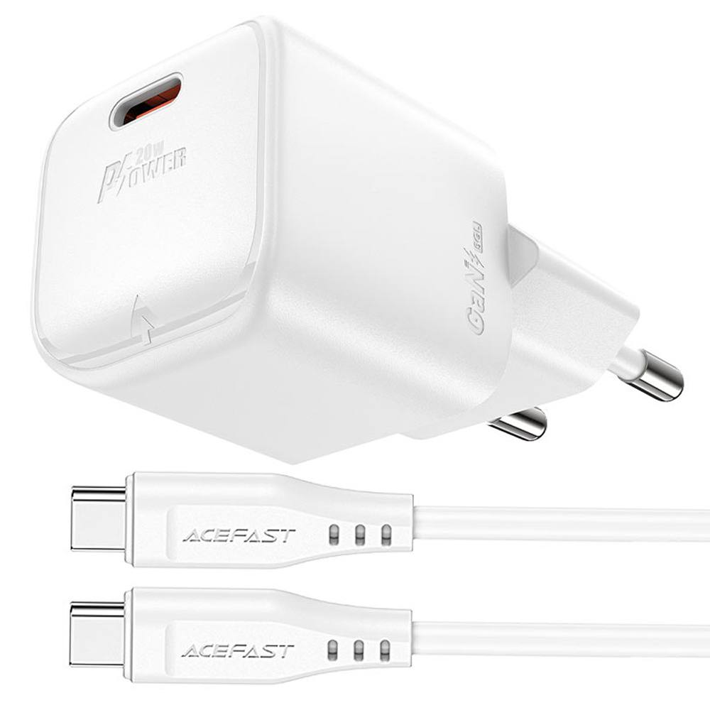 Φορτιστής Ταξιδίου Acefast A73 Mini Fast Charging 1xUSB-C PD20W QC3.0 GaN Λευκός + Καλώδιο USB-C σε USB-C