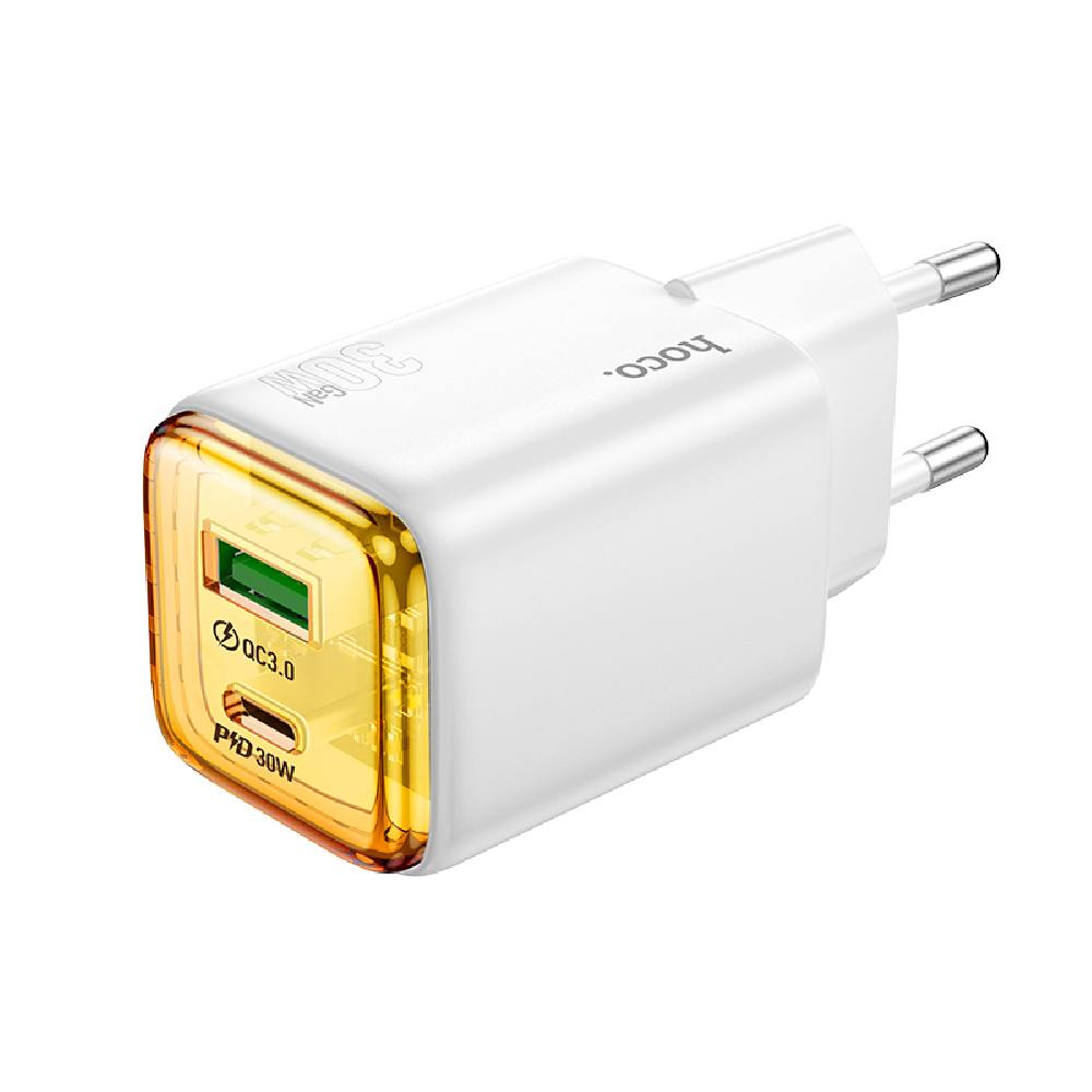 Φορτιστής Ταξιδίου Hoco N53 Monsoon με 1xUSB QC3.0 και 1xUSB-C PD30W GaN Tech Ασπρος